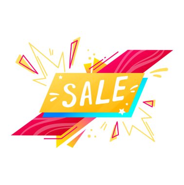 Parlak indirim afişi, posterde yaz indirimi harfleri, ürün tanıtımı, tasarım karikatürü vektör çizimi, beyaz üzerine izole edilmiş..