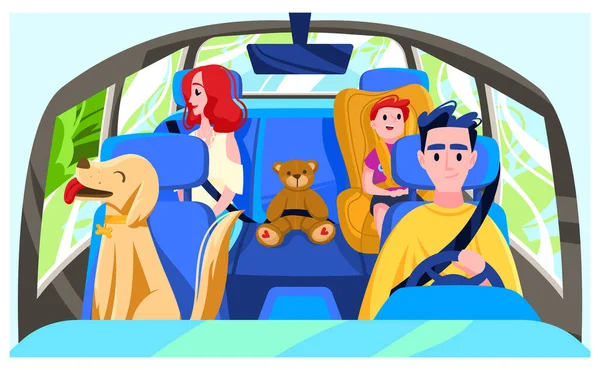 Люди управляют автомобилем, кабиной водителя, собакой, семейным отдыхом, детским креслом, дизайном, векторной иллюстрацией в стиле мультфильма. Лицензионные Стоковые Векторы