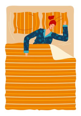 Yatak odası uyku yatağı, çalar saat, yalancı yastık uykusu, dinlenen güzel kız elbisesi, tasarım, çizgi film tarzı çizim..