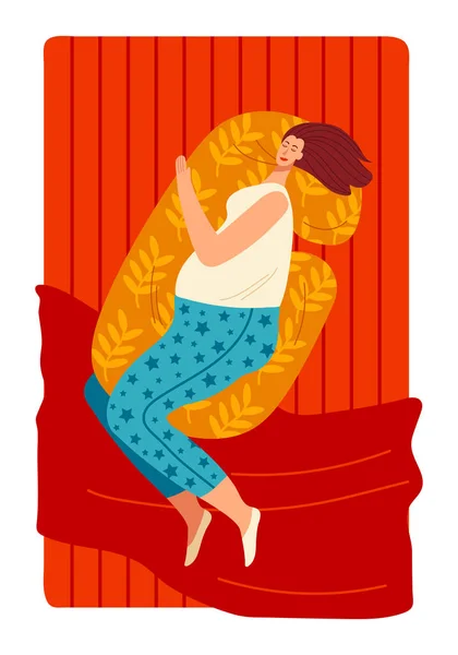 Спальная кровать, запуск будильника, лежачая сонная подушка, милое платье девушки, дизайн, векторная иллюстрация в стиле мультфильма. — стоковый вектор