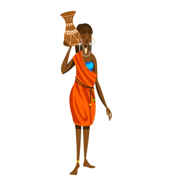 Etnikai lány, afrikai törzs őshonos, nő hagyományos tánc, elszigetelt fehér, design, rajzfilm stílus vektor illusztráció. — Stock Vector