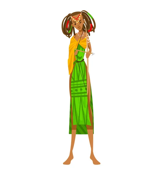 Ethnische Mädchen, afrikanischen Stamm Ureinwohner, Frau traditionellen Tanz, isoliert auf weiß, Design, Cartoon-Stil Vektorillustration. — Stockvektor