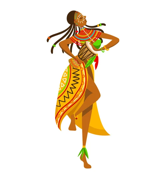Etnikai lány, afrikai törzs őshonos, nő hagyományos tánc, elszigetelt fehér, design, rajzfilm stílus vektor illusztráció. — Stock Vector