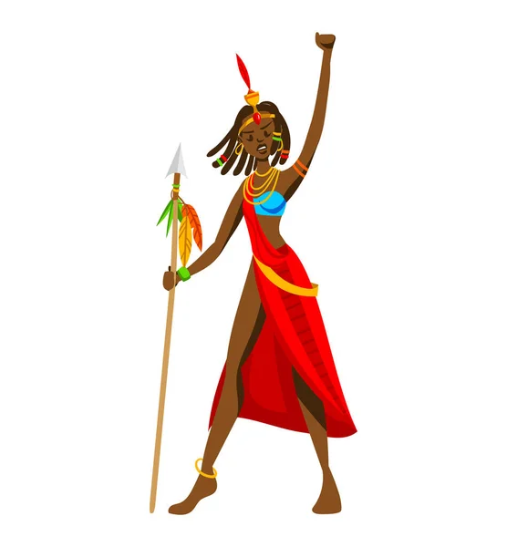 Estilo étnico, tribo áfrica, arma de lança menina, tribos africanas selvagens, isolado no branco, desenho, desenho animado estilo vetor ilustração. — Vetor de Stock