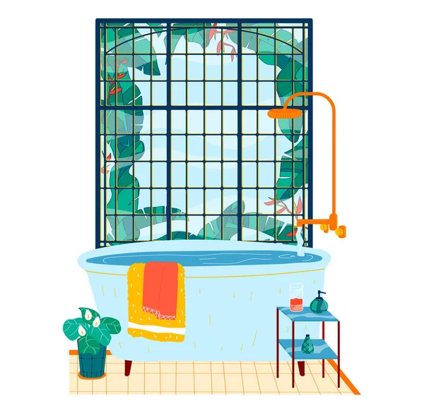 Intérieur de la baignoire, fenêtres de salle de bains, baignoire à l'intérieur, robinet de douche, isolé sur blanc, design, illustration vectorielle de style dessin animé. — Image vectorielle