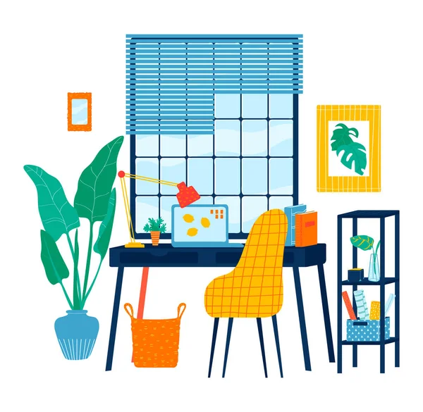 Werkplaats interieur, kantoorruimte, venster uitzicht wolken, modern werk huis, geïsoleerd op wit, design, vlakke stijl vector illustratie. — Stockvector