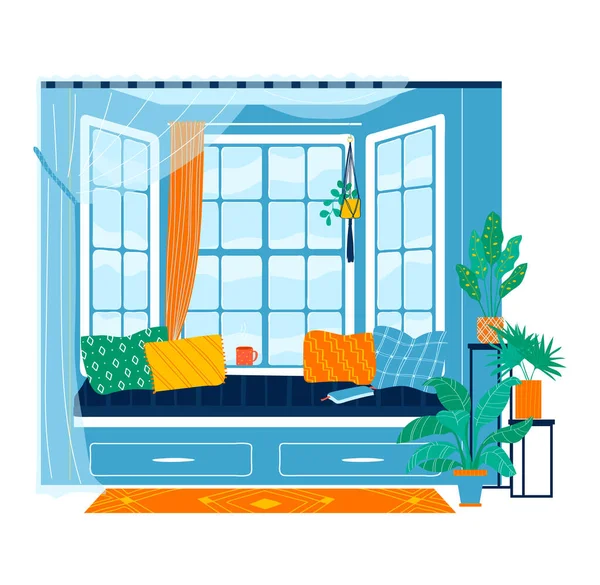 Interior de grandes ventanas, cómodo alféizar de la ventana, asiento acogedor paisaje, aislado en blanco, diseño, ilustración vectorial de estilo plano. — Archivo Imágenes Vectoriales