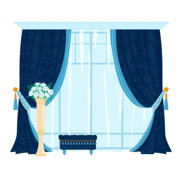 Interior de janela de tule, decoração de cortina, decoração de cortinas, sala de casa, isolada em branco, design, ilustração vetorial de estilo plano. —  Vetores de Stock