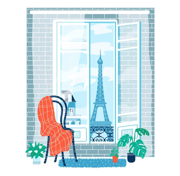 Look interior window paris, style simple, lieu moderne, pots vozona, isolé sur blanc, design, illustration vectorielle style plat. — Image vectorielle