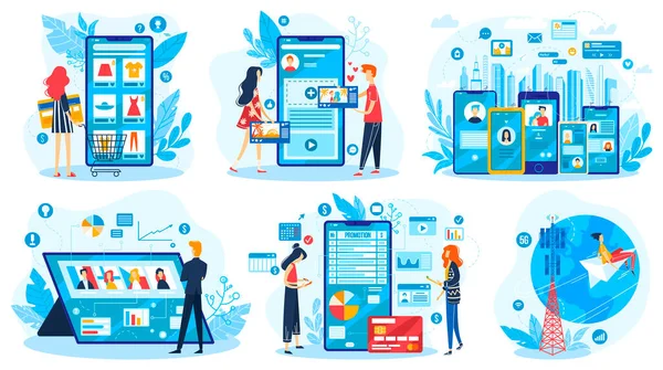 Set illustrazione vettoriale di comunicazione social media online, personaggio piatto del cartone animato utilizzando l'app gadget mobile, tecnologia di rete internet — Vettoriale Stock