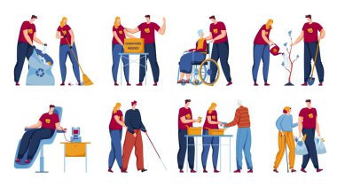 Gönüllü çalışma seti, vektör çizimi. Düz erkek karakteri yaşlı insanları önemser, sosyal yardım beyaz koleksiyonda izole edilir.