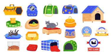 Hayvan bakımı, beyaz sette izole edilmiş, vektör çizimi. Ev, oyuncak, evcil kedi için çanta, köpek koleksiyonu. Veteriner dükkanı.