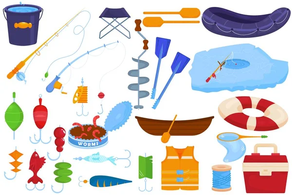 Halászkészlet, elszigetelt fehér gyűjtemény, vektor illusztráció. Felszerelés a fogás hal, rúd, horog, csónak és rajzfilm csali. Természetbarát eszköz — Stock Vector