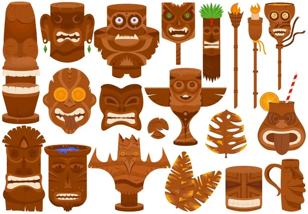 Máscara Tiki e totem de madeira, isolado em conjunto branco, ilustração vetorial. Elemento tradicional tribal havaiano com rosto, coleção de cultura exótica. — Vetor de Stock