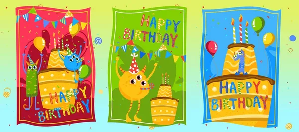 Monstruo lindo en la fiesta de cumpleaños feliz, ilustración del vector del sistema, personaje divertido de la bestia de la historieta en la tarjeta de felicitación, extranjero celebra la fiesta con la torta. — Archivo Imágenes Vectoriales