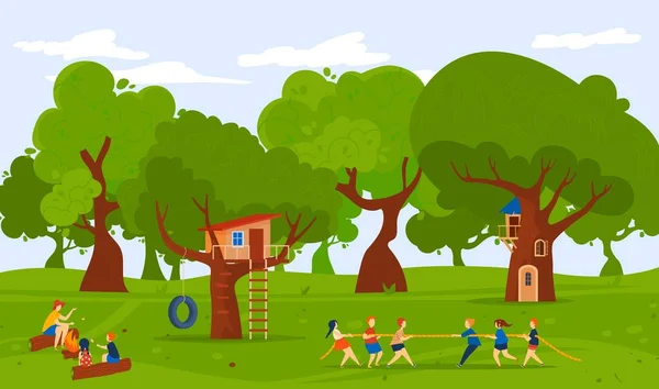 Camp i skogen natur, sommar utomhus, vektor illustration, platt flicka pojke karaktär spela dragkamp tillsammans, barnen står nära trädhus. — Stock vektor