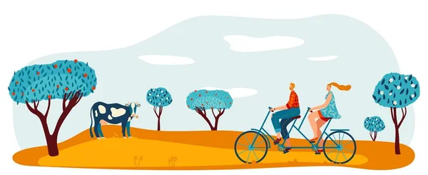 Cykeltur på trädgård park, vektor illustration, man kvinna par karaktär på tandemcykel promenad, hälsosam livsstil på utomhus fält. — Stock vektor