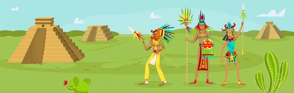 México antiguo concepto de civilización, ilustración vectorial, cultura de la tribu azteca historia, hombre mujer maya en ropa étnica de pie cerca de la pirámide. — Vector de stock