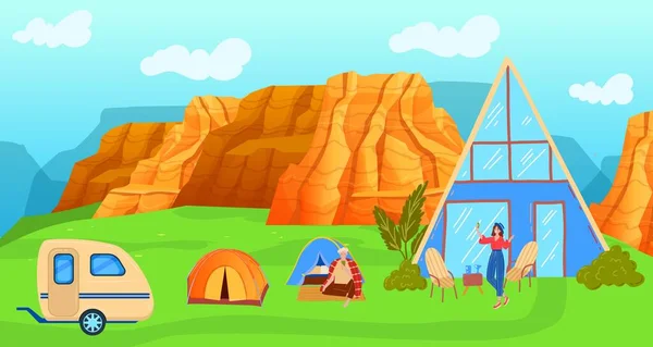 Letní tábor pro rodinu, vektorové ilustrace, muž žena postava stojí v blízkosti trojúhelníkového domu, rekreace v přírodě — Stockový vektor