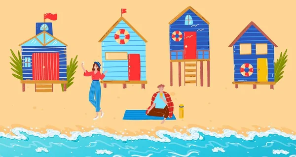 Καλοκαιρινή παραλία με την οικογένεια, διανυσματική απεικόνιση, επίπεδη άνδρας γυναίκα χαρακτήρα ταξίδια κοντά στη θάλασσα, διακοπές στην τροπική ακτή του ωκεανού με stilt σπίτι. — Διανυσματικό Αρχείο