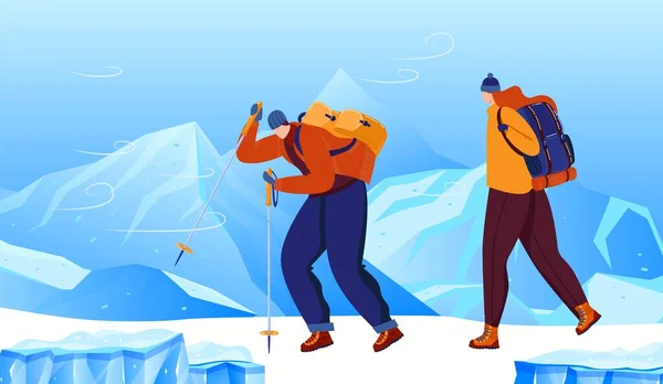Wanita pendaki di gunung musim dingin, ilustrasi vektor. Pasangan bahagia karakter di petualangan, olahraga di alam lanskap dengan salju. - Stok Vektor