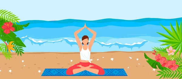 Tropical sea beach for yoga relax, vector illustration, flat young girl character sitting in meditation healthy pose at sand, summer vacation. — Stock Vector