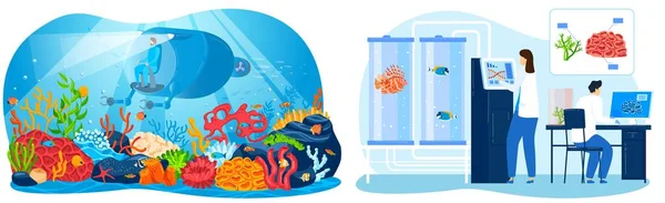 Pesquisa submarina, ilustração vetorial, homem plano personagem usar equipamentos aquáticos para explorar a natureza marinha, submarino moderno em oceano profundo — Vetor de Stock