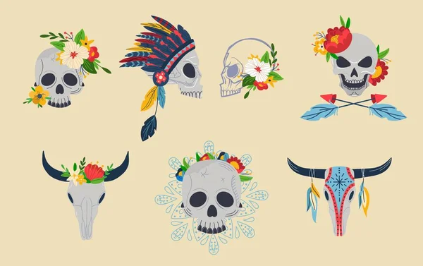 Skull with flower decoration, vector illustration, mexican death symbol, isolated on white skeleton set with war bonnet, dead head with floral crown. Royalty Free Stock Illustrations