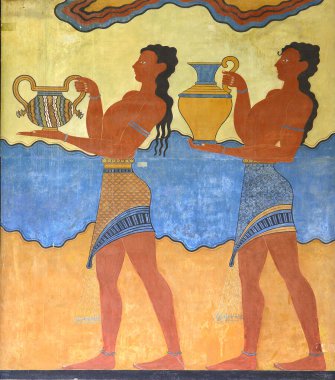 Heraklion yakınlarında Knossos Fresco 'su. Minos saraylarının kalıntıları Girit, UNESCO geçici listesi ve Yunanistan 'ın tüm saraylarının en büyük arkeolojik sahası.