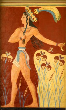 Heraklion yakınlarında Knossos Fresco 'su. Minos saraylarının kalıntıları Girit, UNESCO geçici listesi ve Yunanistan 'ın tüm saraylarının en büyük arkeolojik sahası.