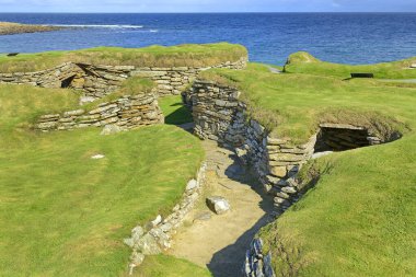 Skara Brae, Neolitik Orkney 'in Kalbi' nin bir parçası olan UNESCO Dünya Mirasları Alanı, İskoçya, İngiltere