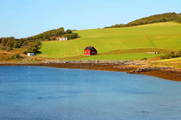 Typisches Bauernhaus Ufer Des Bekkarfjords Fjord Nordnorwegen Skandinavien Europa — Stockfoto