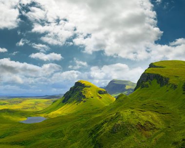 Skye Adası 'ndaki Quiraing dağlarının manzara manzarası, İskoçya, İngiltere
