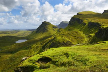 Skye Adası 'ndaki Quiraing dağlarının manzara manzarası, İskoçya, İngiltere