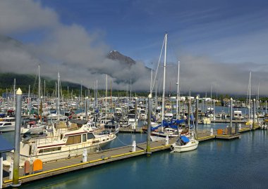 Seward 'da bir rıhtımda arka planda dağlar olan tekneler. Seward 's Boat Harbor Diriliş Körfezi, Alaska, ABD' de yer almaktadır.