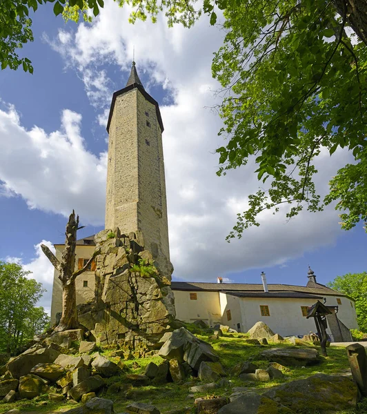 村の近くにゴシック様式の城Rostejn Doupe ロマンチックな風景の中に岩の丘の上に立って チェコ共和国 — ストック写真