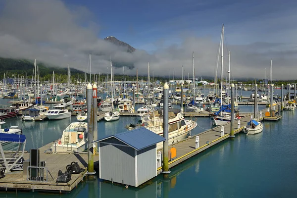 Barcos Muelle Seward Con Montañas Fondo Seward Boat Harbor Está — Foto de Stock