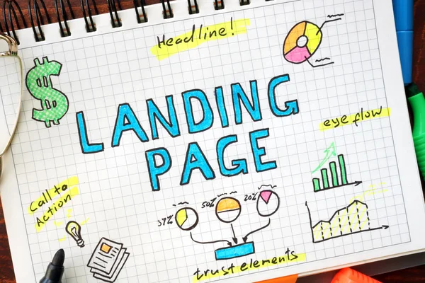 Landing page written in a notebook. SEO concept. — Stock Photo, Image