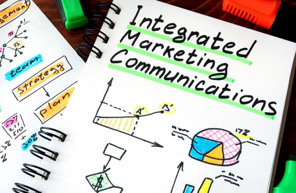 Blocco note con cartello comunicazione marketing integrata IMC . — Foto Stock