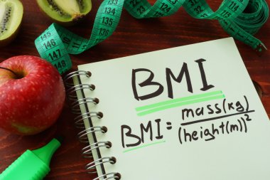 BMI body mass index  (metric formula) written on a notepad sheet. clipart