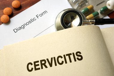 Page with word Cervicitis and glasses. Medical concept. clipart