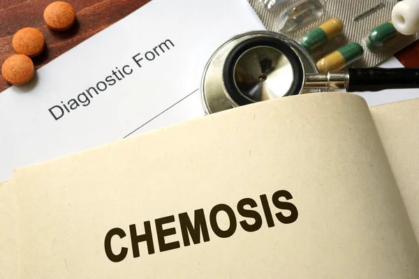 Página com palavra Chemosis e óculos. Conceito médico . — Fotografia de Stock