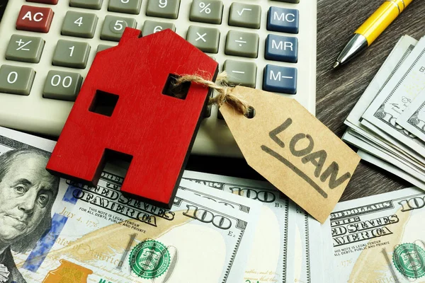 Money, home and label loan as symbol of mortgage. — Stock Photo, Image