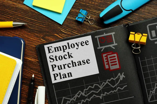Plan zakupu akcji pracowników Informacje ESPP w czarnym notatniku. — Zdjęcie stockowe