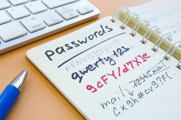 Time to change strong password from weak. Notepad with passwords. — Stock Photo, Image