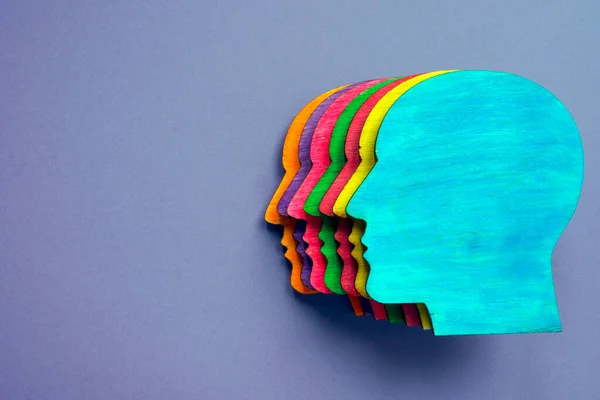 Dřevěná hlava s různými barvami jako symbol rozmanitosti a začlenění. — Stock fotografie