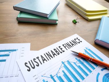 Şirket stratejisi için sürdürülebilir finans sözcükleri ve iş grafikleri.