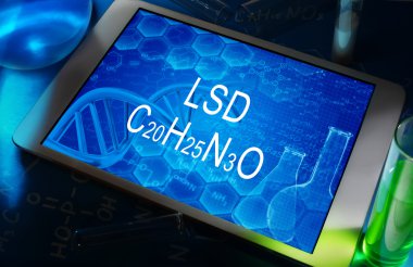 The chemical formula of LSD on a tablet with test tubes clipart