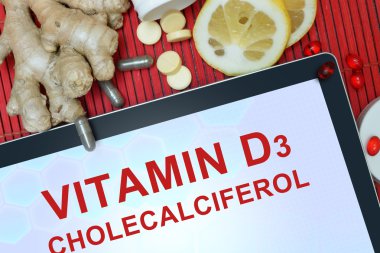Tablet with words Cholecalciferol (vitamin D3) clipart