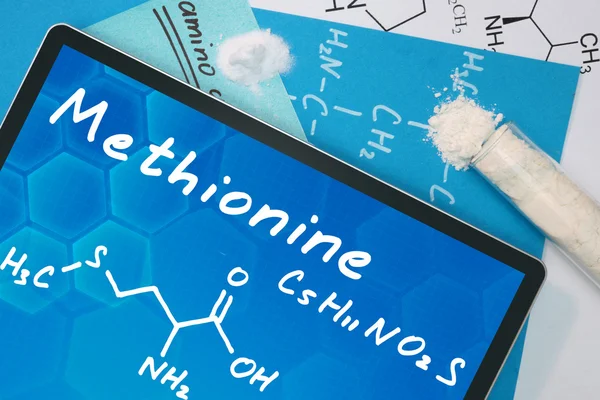Tablet met de chemische formule van Methionine. — Stockfoto